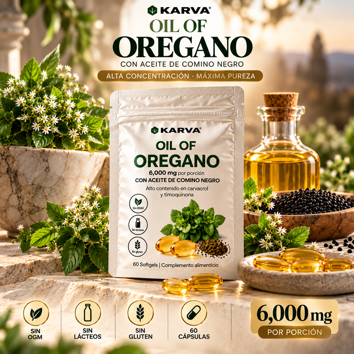 KARVA aceite de orégano con aceite de comino negro, 6.000 mg por porción