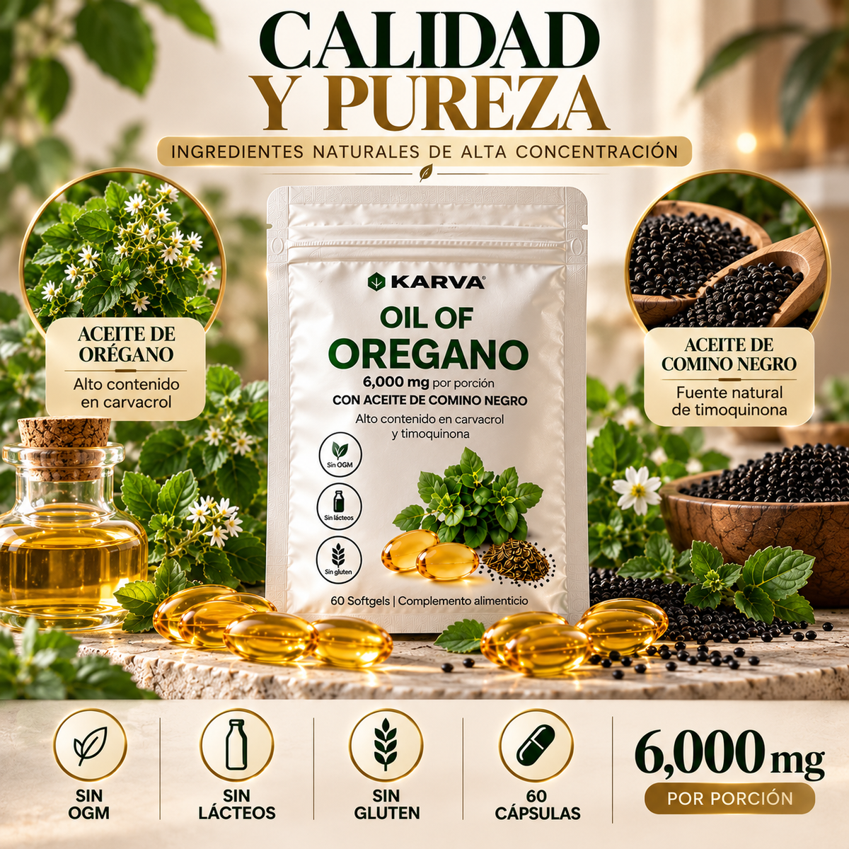 Aceite de orégano y aceite de comino negro: sin OGM, sin lácteos y sin gluten