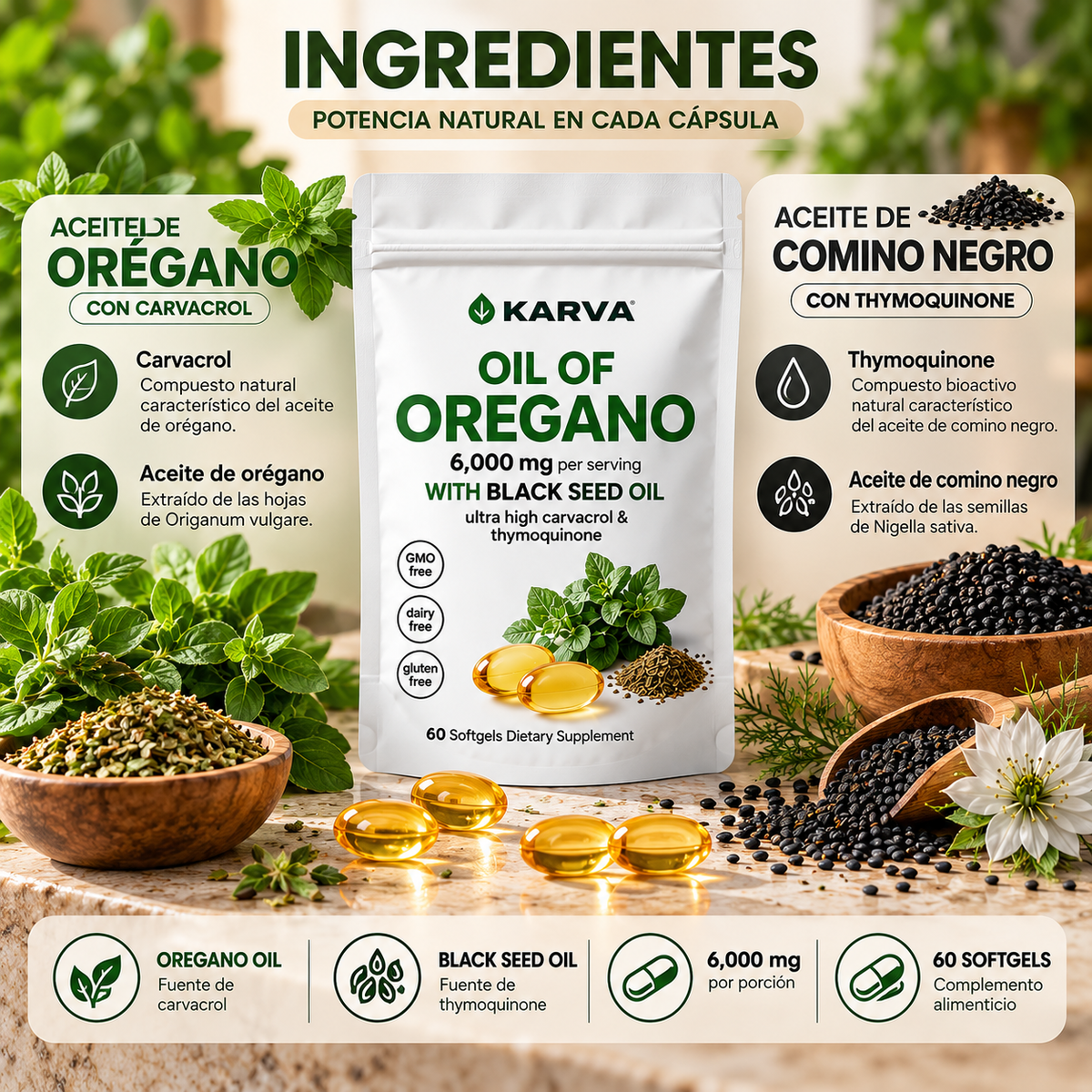 Ingredientes: aceite de orégano con carvacrol y aceite de comino negro con timoquinona