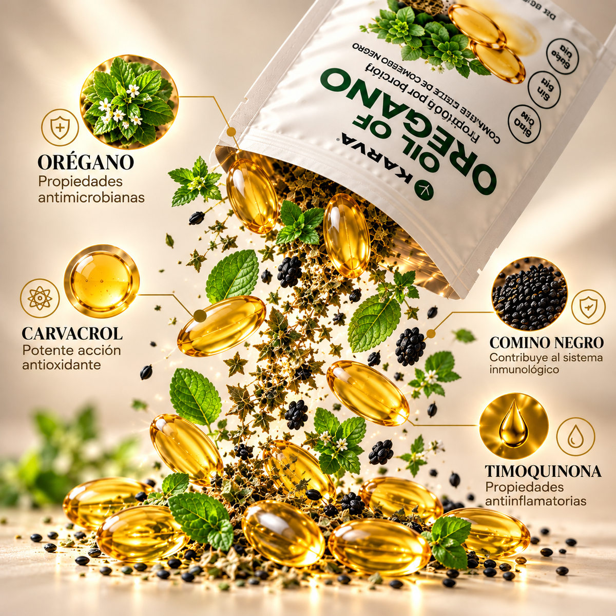 Perlas de aceite de orégano y comino negro cayendo de la bolsa KARVA